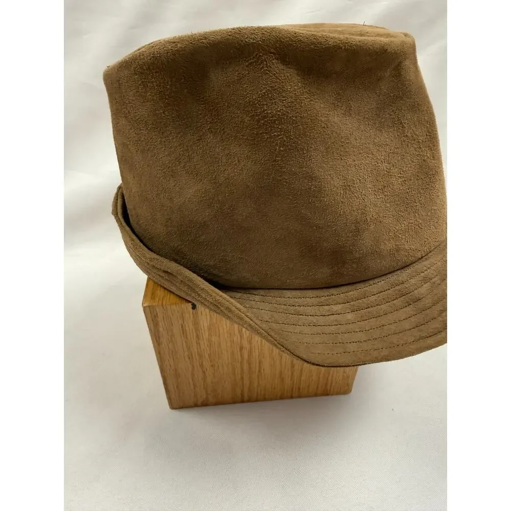 Vintage 90s Tan Suede Look Bucket Cloche Hat Minimalist Boho City Chic Medium - Picture 2 of 6